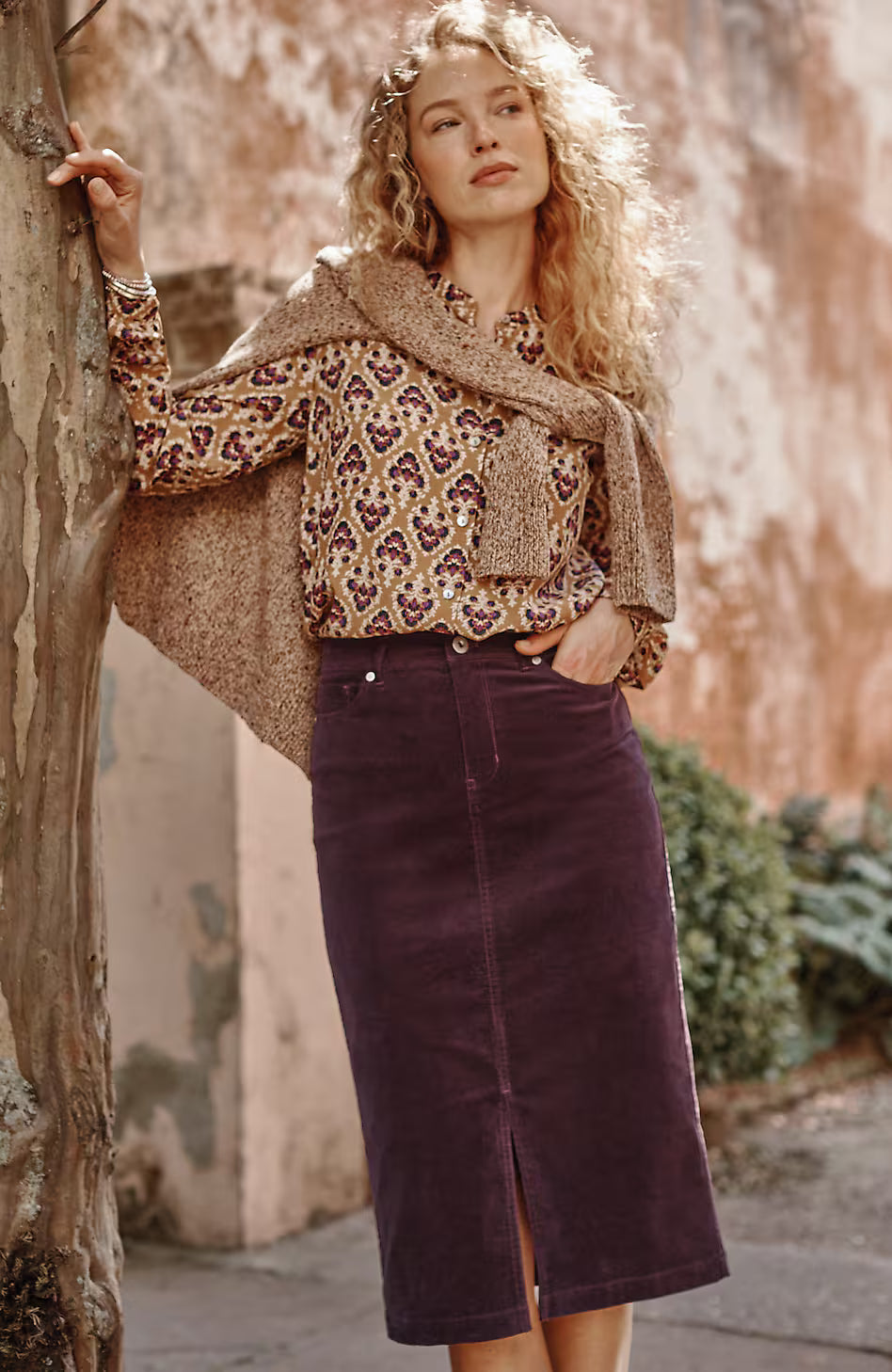 Slit-Hem Corduroy Skirt